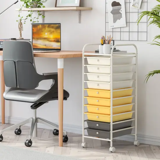 10-Drawer Rolling Storage Cart with Lockable Wheels and Steel Frame for Home or Office Use Yellow {4}