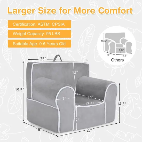 Upholstered Kids Sofa with Velvet Fabric and High Quality Sponge Grey {4}