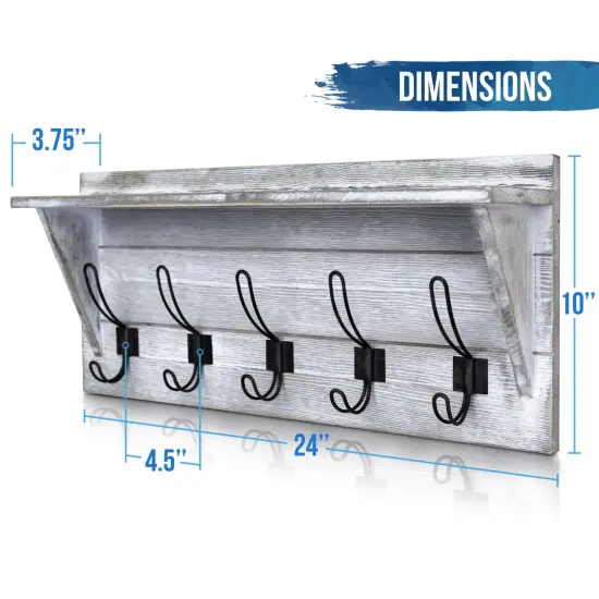 HBCY Creations Rustic Wall Mounted Coat Rack Shelf - Wooden Country Style 24" Entryway Shelf with Hooks - Solid Pine Wood - For Entryway, Kitchen, Bathroom White Wash {5}