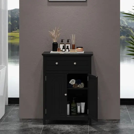 2-Door Freestanding Bathroom Cabinet with Drawer and Adjustable Shelf Black {3}