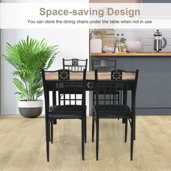 5 Pieces Dining Set Wood Metal Table and 4 Chairs with Cushions Black {3}