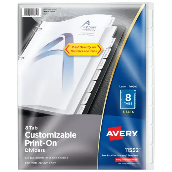 Avery Customizable Print-On Dividers, 8 Tab, White, 5 Sets (11552) {1}