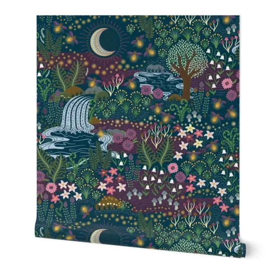 Peel & Stick Wallpaper 2FT Wide Magical Garden Woodland Floral Whimsical Night Botanical Fireflies Moon Jewel Tone Custom Removable Wallpaper by Spoonflower {7}