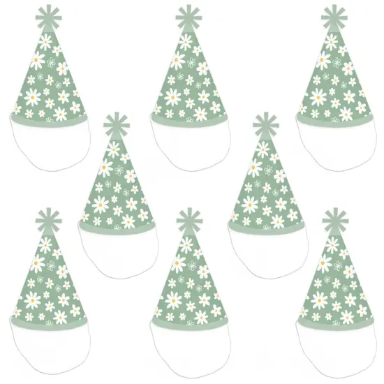 Big Dot of Happiness Sage Green Daisy Flowers - Cone Happy Birthday Party Hats for Kids and Adults - Set of 8 (Standard Size) {7}