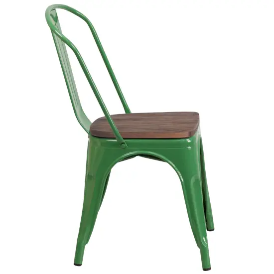 Emma and Oliver 4 Pack Metal Stackable Chair with Wood Seat Green {4}