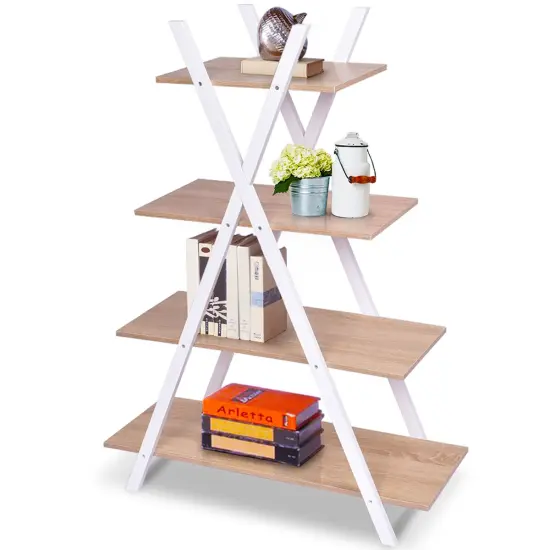 Costway 4-Tier Bookshelf Storage Display Shelves Bookcase Ladder X-Shape {4}