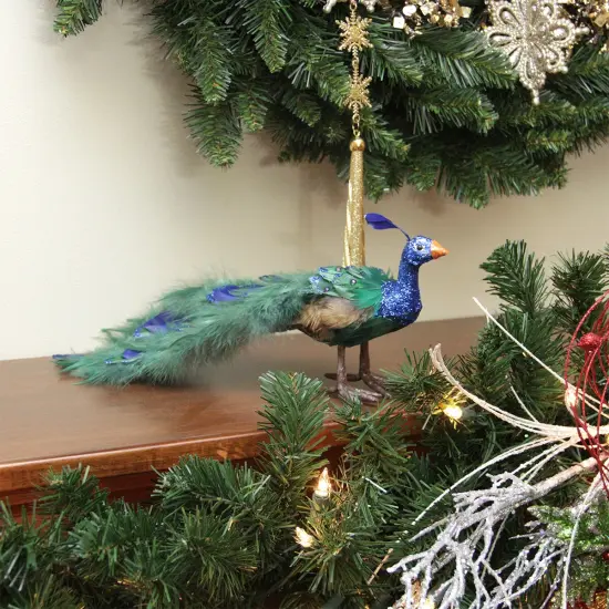 Northlight Standing Peacock Tail Feathers Christmas Decoration - 13" - Green and Blue {3}