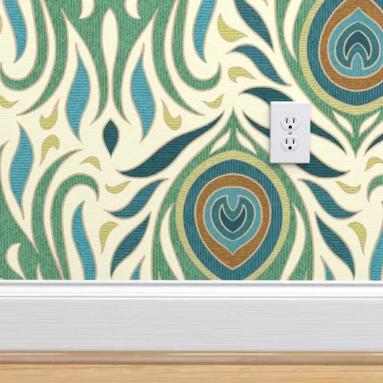 Peel & Stick Wallpaper 2FT Wide Animal Print Feathers Peacocks Birds Green Blue Custom Removable Wallpaper by Spoonflower {4}