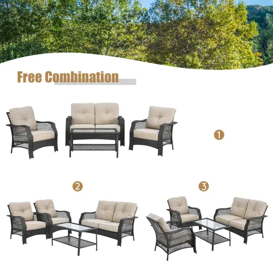 Costway 4PCS Patio Wicker Furniture Set Loveseat Sofa Coffee Table W/ Cushion {4}