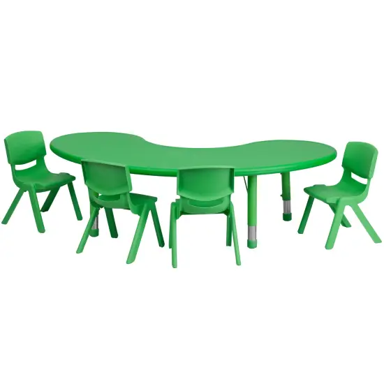 Emma and Oliver 35"W x 65"L Half-Moon Plastic Height Adjustable Activity Table Set with 4 Chairs Green {1}