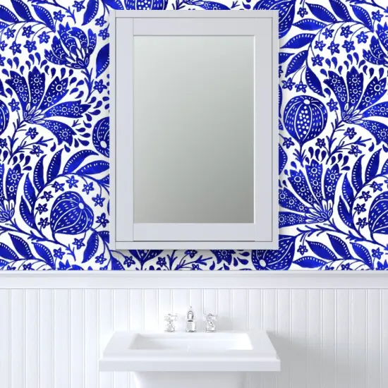 Pre-Pasted Wallpaper 2FT Wide Cobalt Blue Botanical Bright White Indian Floral Figs Custom Pre-pasted Wallpaper by Spoonflower {6}