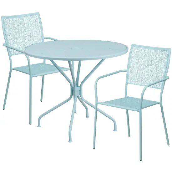 Emma and Oliver Commercial Grade 35.25" Round Metal Garden Patio Table Set, 2 Square Back Chairs Gold {5}