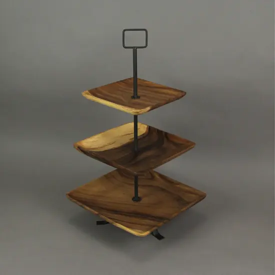 Polished Wood 3 Tier Square Shaped Serving Tray {5}
