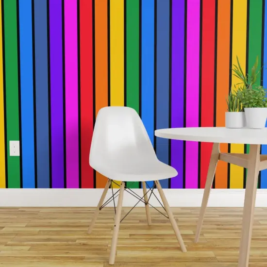 Pre-Pasted Wallpaper 2FT Wide Rainbow Vertical Stripe Bright Black Striped Large Scale Dopamine Home Pride Lgbtqia Custom Pre-pasted Wallpaper by Spoonflower {1}