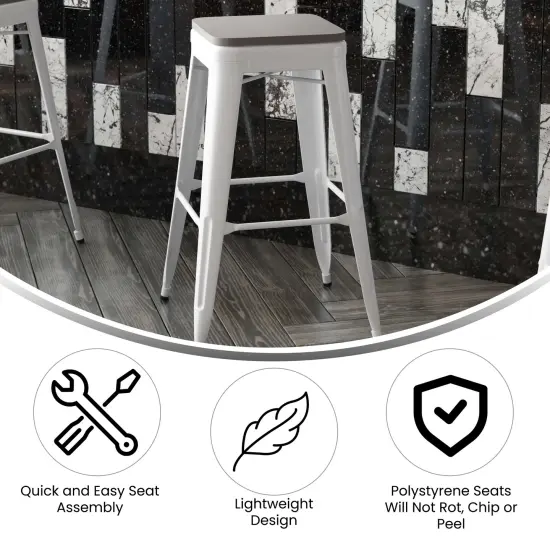 Emma and Oliver Kam Backless Metal Indoor-Outdoor Stool with All-Weather Polystyrene Seat White/Gray {2}