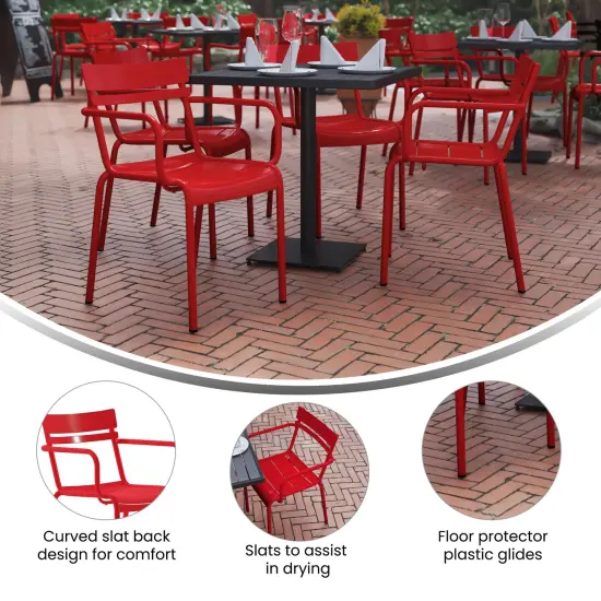 Emma and Oliver Rennes Powder Coated Steel Stacking Dining Chair with Arms and 2 Slat Back for Indoor-Outdoor Use Red {2}