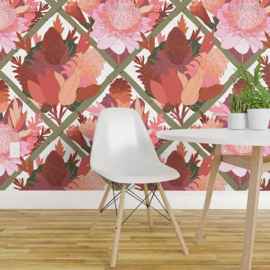 Peel & Stick Wallpaper 2FT Wide Pink Botanical Lattice Chinoiserie Trellis Boho Hawaiian Floral Tropical Mauve Large Scale Custom Removable Wallpaper by Spoonflower {1}