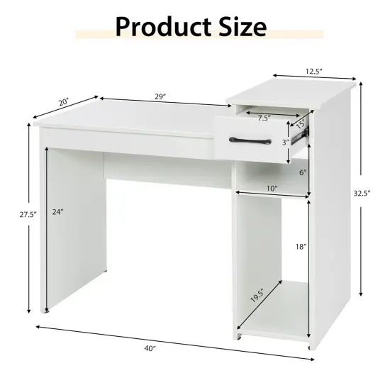Costway Home Office Computer Desk White Study Desk Laptop Table with Drawer & Storage Shelf {4}