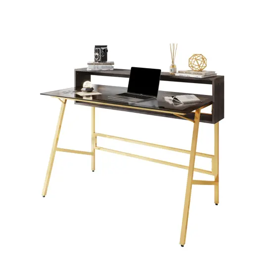 Techni Office Solutions Two-Tier Shelve Writing Desk with Riser - 47.25" - Gold and Brown {1}