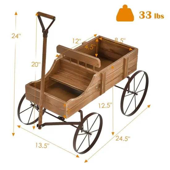 Rustic Wooden Wagon Planter with Metal Wheels Small Garden Cart for Flowers Outdoor Decor Brown {5}