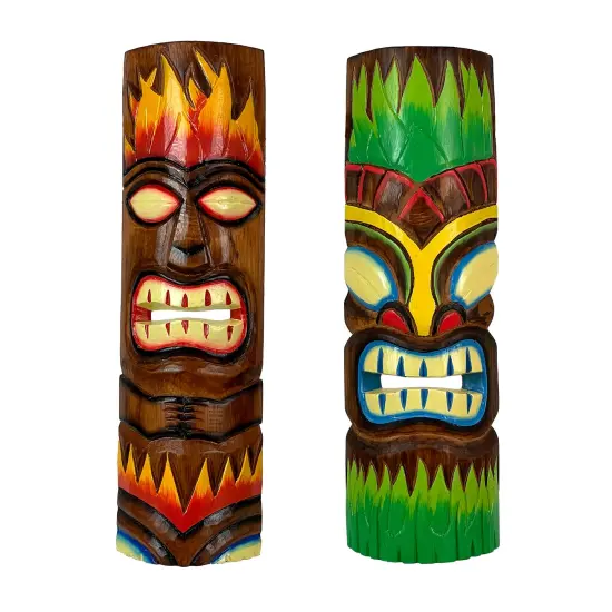 Fire and Earth Hand Crafted Wooden Tiki Totem Wall Masks 20 Inch Set of 2 {1}