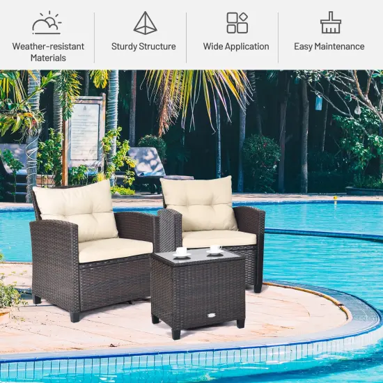 3 Pcs Patio Rattan Furniture Set Cushioned Conversation Set Coffee Table Beige {5}