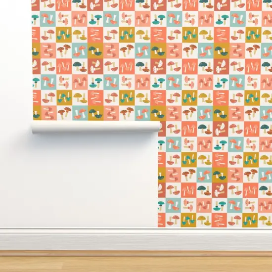 Pre-Pasted Wallpaper 2FT Wide Checkerboard Mushrooms Orange Blue Shrooms Toadstools Nature Botanical Whimsical Custom Pre-pasted Wallpaper by Spoonflower {2}