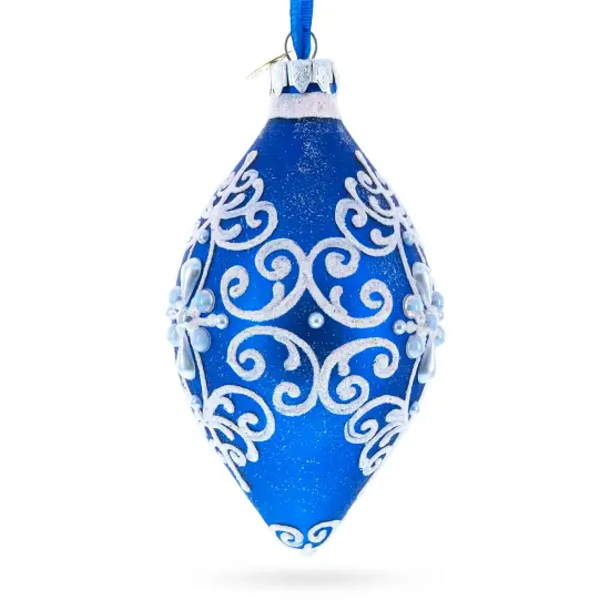 Blue Jeweled Scroll Pointed Teardrop Finial Glass Christmas Ornament {3}