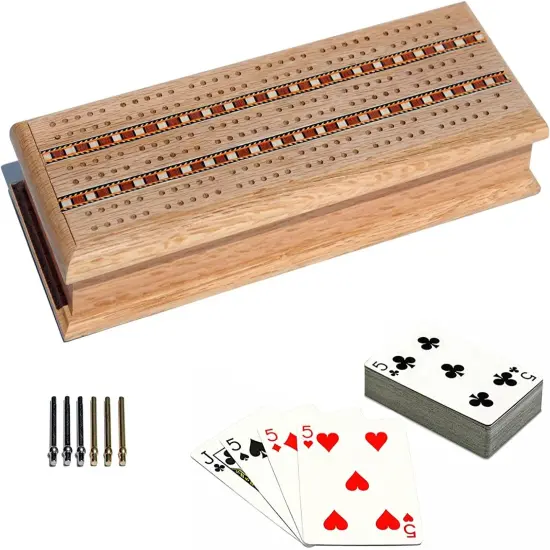 WE Games 3 Track Sprint Cabinet Cribbage Set with Metal Pegs & 2 Card Decks {1}