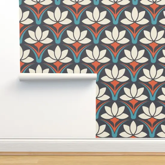 Pre-Pasted Wallpaper 2FT Wide Art Deco Retro Floral Geometric Lotus Nouveau 70S Groovy Boho Scandi Blue Custom Pre-pasted Wallpaper by Spoonflower {2}