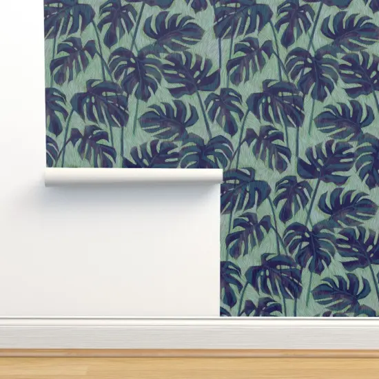 Pre-Pasted Wallpaper 2FT Wide Blue Palm Tropical Foliage Rainforest Summer Ink Green Houseplant Custom Pre-pasted Wallpaper by Spoonflower {2}