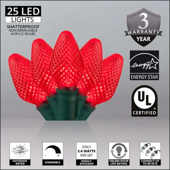 25 Red C7 LED Christmas Lights, Green Wire, 8" Spacing {3}