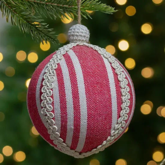 Northlight 4.75" Red and White Striped Ball Christmas Ornament with Rope Accent {3}