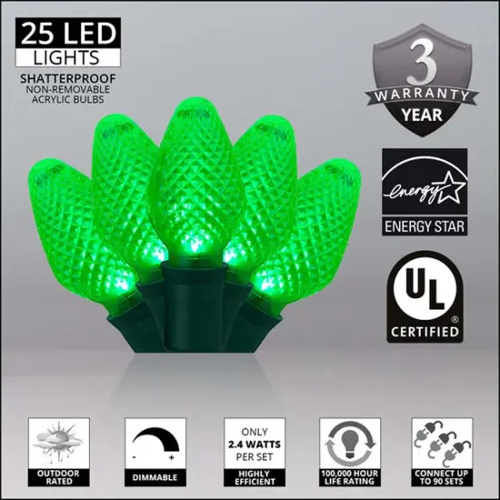 25 Green C7 LED Christmas Lights, Green Wire, 8" Spacing {3}