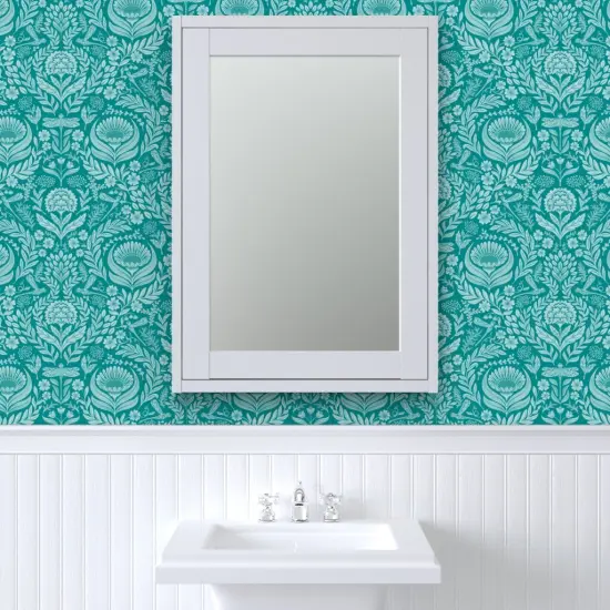 Pre-Pasted Wallpaper 2FT Wide Teal Floral Victorian Whimsical Dragonflies Art And Crafts Maximalist Botanical Nouveau Carnation Chrysanthemum Large Scale Custom Pre-pasted Wallpaper by Spoonflower {6}
