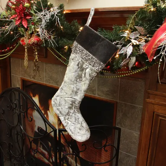 CC Christmas Decor 22" Gray and Black Quilted Embellished Christmas Stocking {3}