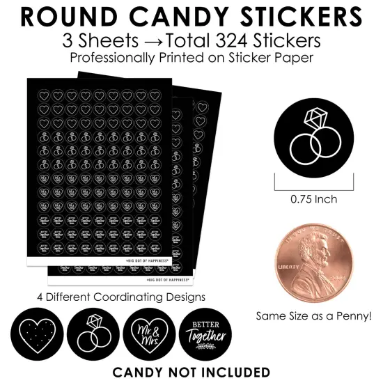 Big Dot of Happiness Mr. and Mrs. - Black and White Wedding or Bridal Shower Small Round Candy Stickers - Party Favor Labels - 324 Count {4}
