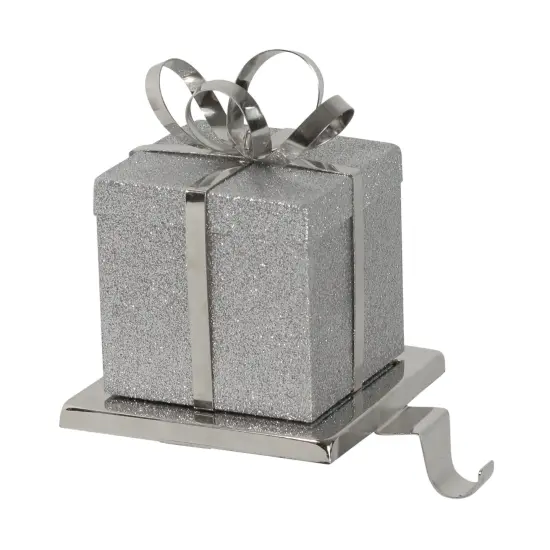 Northlight 5.5" Silver Glitter Gift Box with Bow Christmas Metal Stocking Holder {1}