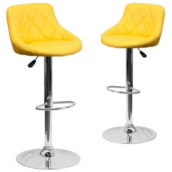 Emma and Oliver 2 Pack Contemporary Vinyl Bucket Seat Adjustable Height Barstool with Diamond Pattern Back and Chrome Base Yellow {1}