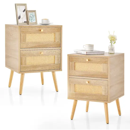 Costway 1/2 PCS Rattan Nightstand Boho Accent Bedside Table with 2 Storage Drawers Natural {2}