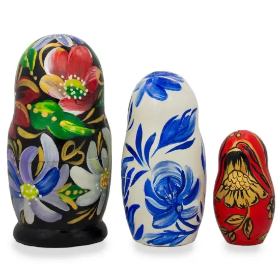 Set of 3 Khokhloma Flowers Wooden Nesting Dolls 4.25 Inches {3}