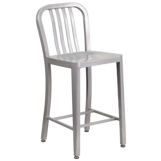 Merrick Lane Santorini Galvanized Steel Indoor/Outdoor Counter Bar Stool With Slatted Back And Powder Coated Finish White {6}