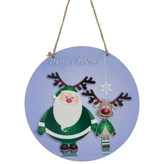 Northlight Santa and Reindeer "Merry Christmas" Disc Ornament - 8" - Blue and Green {1}