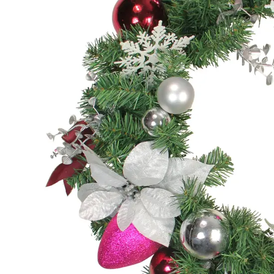 Northlight Poinsettia and Snowflake Artificial Christmas Wreath - 24" - Pink and White - Unlit {3}