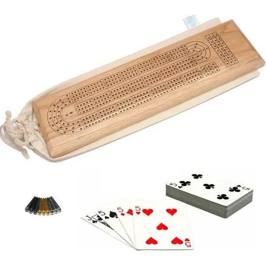 WE Games Deluxe Cribbage Set - Solid Wood Continuous 3 Track Board with Easy Grip Pegs, Deck of Cards & Canvas Storage Bag {5}