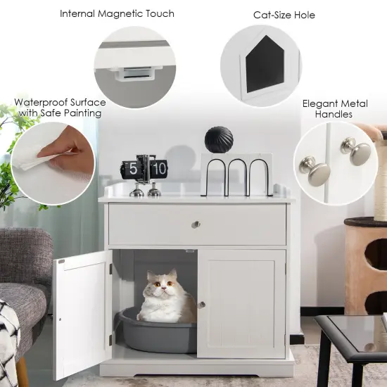 Wooden Cat Litter Box Enclosure with Drawer Side Table Furniture White {6}