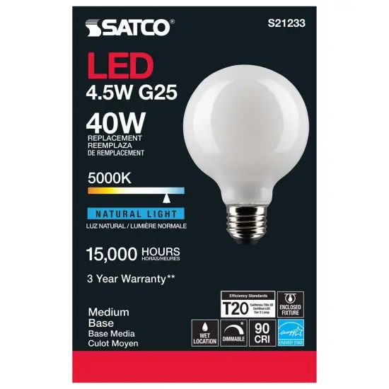 6Pk - Satco 4.5w G25 Globe LED 5000K Medium Base White Dimmable - 40w equiv Natural Light {5}