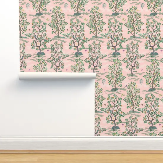 Pre-Pasted Wallpaper 2FT Wide Chinoiserie Pink Botanical Nature Oranges Lemons Birds Custom Pre-pasted Wallpaper by Spoonflower {2}