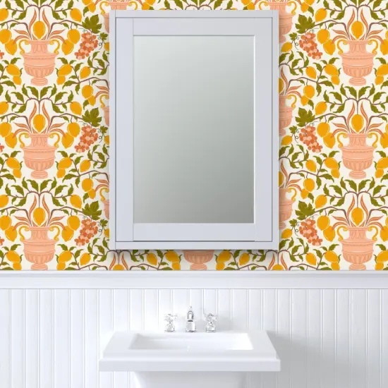 Peel & Stick Wallpaper 2FT Wide Floral Pink Fruit Damask Lemons Italian Botanical Grapes Vases Grape Vines Lemon Large Scale Rococo Classical Custom Removable Wallpaper by Spoonflower {6}