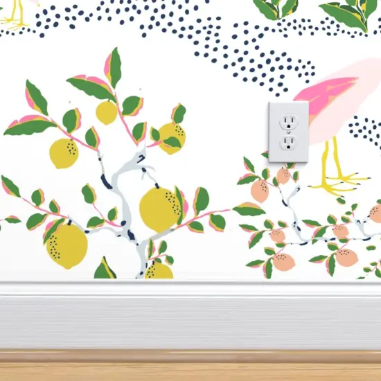 Peel & Stick Wallpaper 2FT Wide Tropical Exotic Birds Whimsical Nature Spoonbill Lemon Dots Coastal Custom Removable Wallpaper by Spoonflower {4}